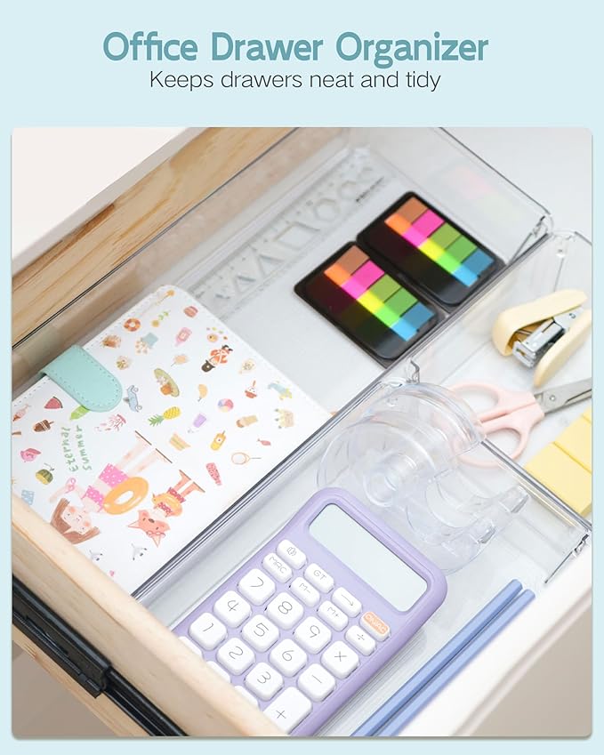 9 Pack Large Clear Plastic Drawer Organizer Trays, Desk Drawer Organizers and Storage Dividers, Non-Slip Storage Bins for Jewelry, Snacks, Office, Bathroom, Bedroom and Kitchen