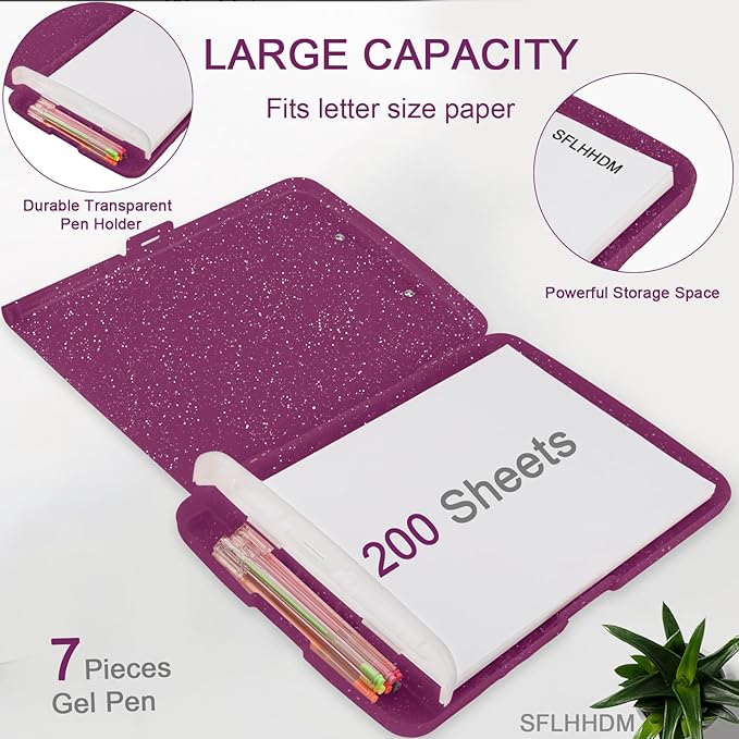 Glitter Clipboard with Storage,Storage Clipboard with Pen Holder,A4 Binder Clip Boards 8.5x11 with Low Profile Clip,Side Opening Sparkle Clipboards,Clipboards Folder for Office Supplies-Purple Alfalfa