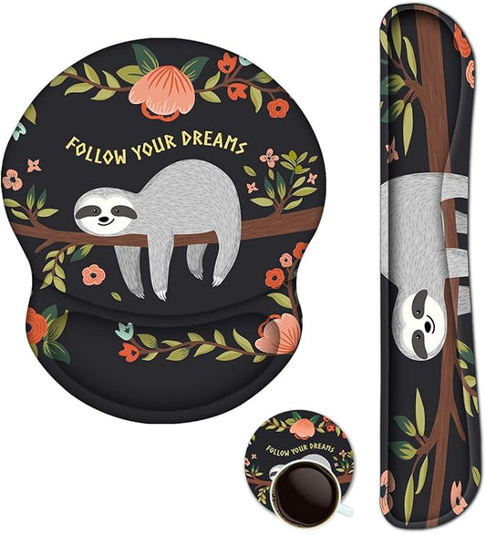 ArtSo Upgraded Wrist Rest Support for Mouse Pad & Keyboard, Ergonomic Gel Mousepad Non-Slip Rubber Base Home,Office Pain Relief, Easy Typing Cushion with Neoprene Cloth, Soft Memory Foam, Cute Sloth