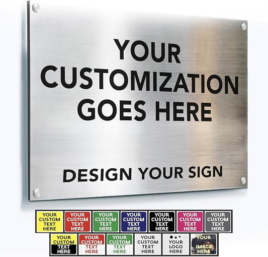 Custom Outdoor Aluminum Signs, Personalized Business Signs, Waterproof Silver Brushed Metal 14x10 In