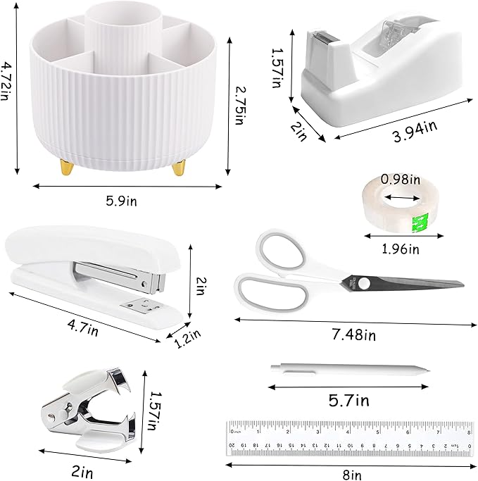 Office Desk Accessories, White Office Supplies 360°Pen Holder Desk Organizers And Accessories with Tape Dispenser, Stapler, Staple Remover, 1000 Staples, Tape, Clips Set, Ruler, Scissor, Pen