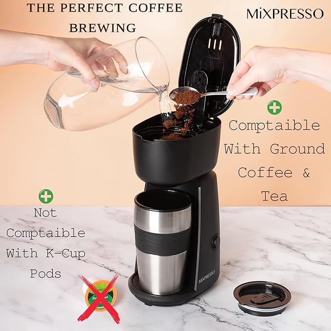Mixpresso Personal Single Serve Coffee Maker & 14oz Travel Mug, Drip Small Coffee Maker & Tumbler, Auto Shut Off & Reusable Filter, Compatible with Coffee Grounds