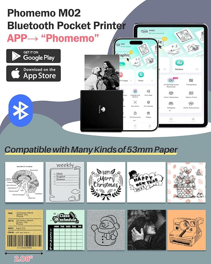 Phomemo Mini Sticker Printer- Mini Printer Sticker Maker Machine M02, Print Pods Suitable for Creative DIY, Diaries, Photos, Study Notes, Portable Thermal Inkless Label Maker for Home/Travel, Black