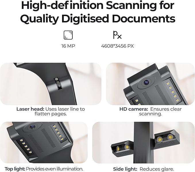 CZUR ET16 Plus Advanced Book & Document Scanner, 2nd Gen Auto-Flatten&Deskew Tech, 16MP Camera, Capture A3, 186 Languages OCR, Convert to PDF/Searchable PDF/Word/Tiff/Excel, Run On Windows&MacOS