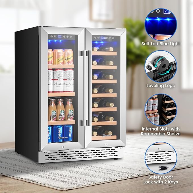 24 Inch Wine and Beverage Refrigerator Under Counter, Dual Zone 20 Bottles & 88 Cans Beverage Fridge with Stainless Steel Tempered Glass Door, Built-in/Freestanding Mini Fridge for Office/Bar/Kitchen