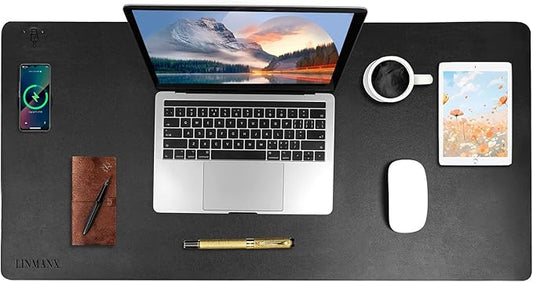 Wireless Charging Mouse Pad with for Desktop Charging Large Desk Mat 36"x17" Waterproof Black Leather Computer Mat Mousepad Non-Slip Protector on Top of Desks for Keyboard and Mouse(Black-L)