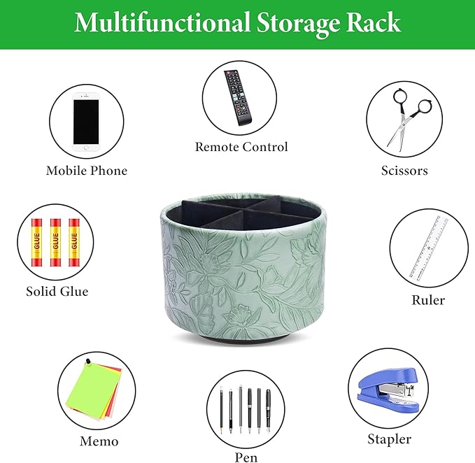 Hennaja Round Leather Art Supply Organizer,Remote Control Holder,360 Degree Spinning,Multi-Functional Pencil Holder,4 Compartments Desktop Stationary Organizer(1-Carved Dark Green)