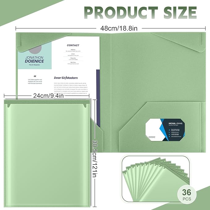 Henoyso 36 Pcs Plastic Folders with Clear Front Pockets Heavy Duty File Folders with 2 Pockets and Card Slot for Student Communication School Office Presentation Report (Sage Green)