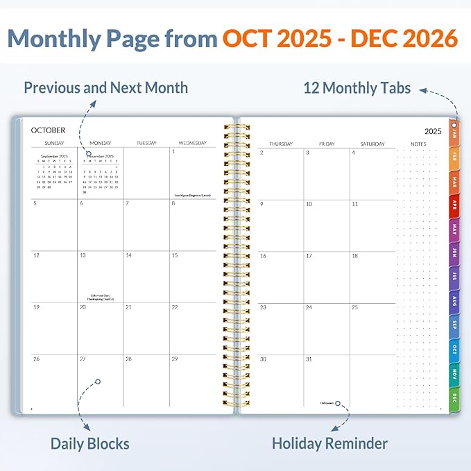 SUNEE 2026 Weekly and Monthly Planner - January 2026-December 2026, 8.5"x11" Half Weekly Half Note, Daily Agenda Planner with PVC Waterproof Cover, Monthly Tab, Note, Pockets, Bookmark, Blue