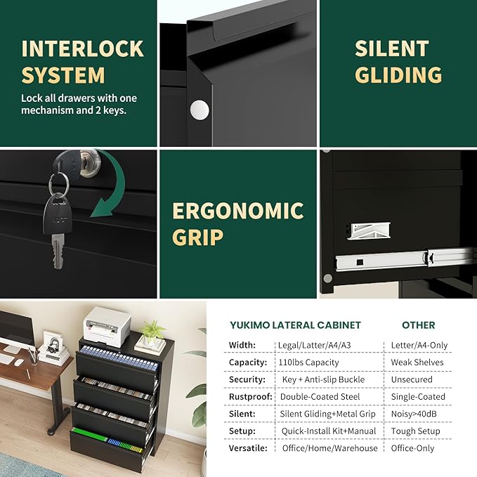 Lateral File Cabinet with 4 Drawer, Metal File Cabinets for Home Office with Lock, Large Filing Storage Cabinet Printer Stand, Steel Wide File Cabinet for Legal/A4/F4/Letter Size Files-Black