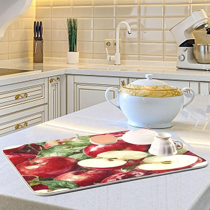 Leaves Red Apples Dish Drying Mat 18 X 24 Inch Natural Fresh Fruits Dry Dishes Pads Tableware Mats Absorbent Microfiber Protector for Kitchen Countertops Counter Home Decorations