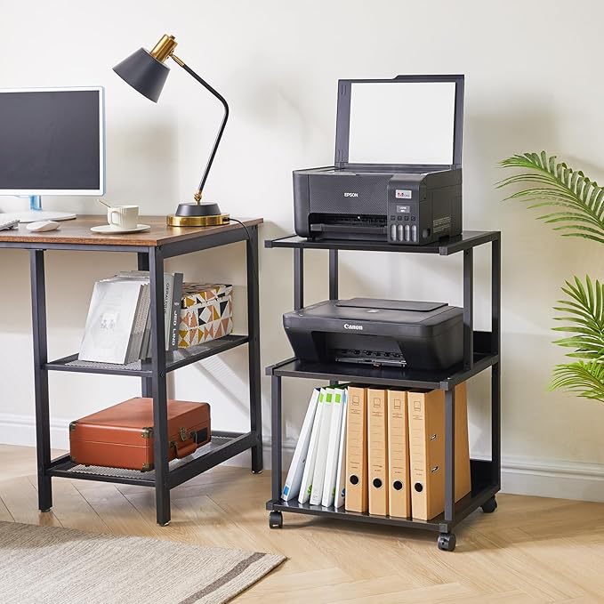 IBUYKE Black Printer Stand with Storage Shelf,3 Tier Printer Table with Wheels,Printer Cart for Home Office Organization, Rolling Cart Stand for Heat Press Microwave and Mini Fridge TPS001B