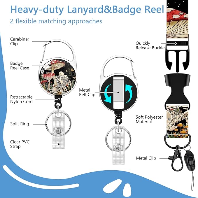 Skull Mushroom Badge Holder Reel Lanyard,ID Card Badge Holder Retractable Name Tag Clips for Doctor Nurse Teacher Office Student