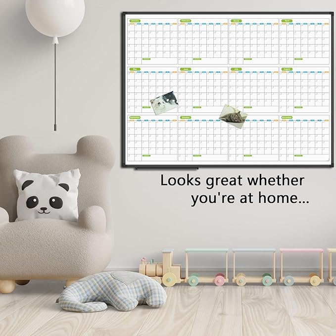 JILoffice Magnetic Dry Erase Calendar Whiteboard, 12 Months White Board Planner 48 X 36 Inch, Black Aluminum Frame Wall Mounted Board for Office Home and School