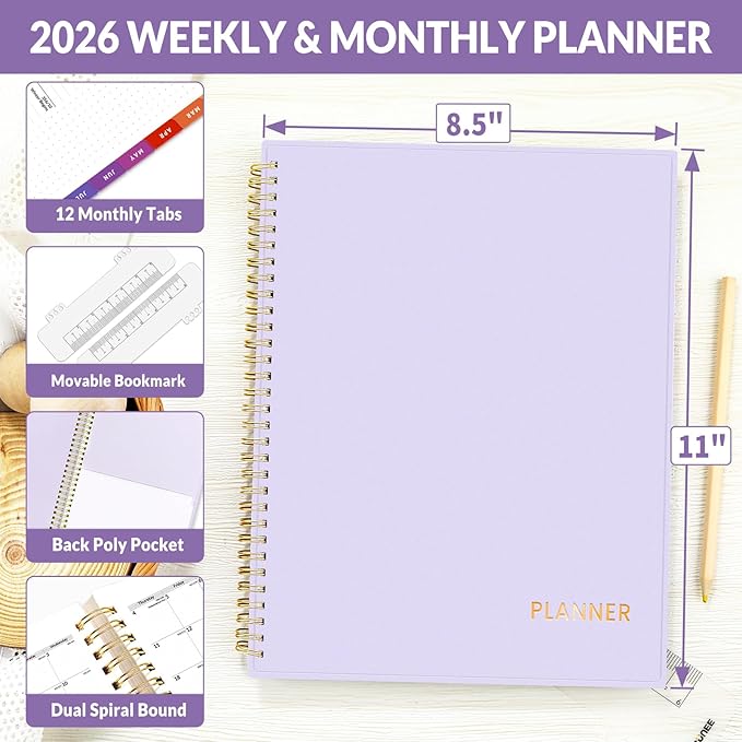 SUNEE 2026 Weekly and Monthly Planner - from January 2026 - December 2026, 8.5"x11" Daily Agenda Planner with Monthly Tab, Flexible Cover, Note Pages, Pockets, Bookmark, Spiral Binding, Purple