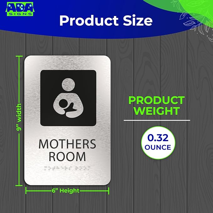 ADASigns Mothers Room Sign – 6" x 9" Durable Brushed Aluminum with Braille & Strong Adhesive Tape – Weatherproof Lactation Nursing Breastfeeding Bathroom Sign for Retail Store, Restaurant & Business