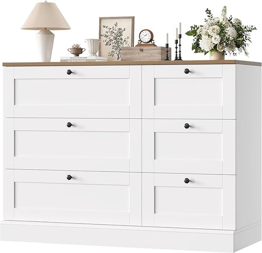 HOSTACK 6 Drawer Dresser, White Dresser for Bedroom, Wood Wide Chest of Drawers, Modern Farmhouse Drawer Chest for Living Room, Hallway, Entryway, White/Rustic Brown
