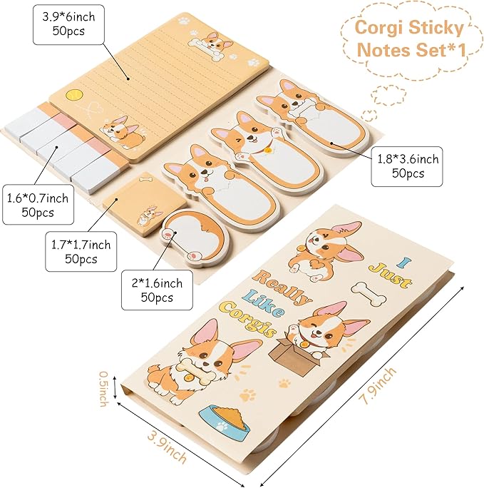 Xqumoi I Just Really Like Corgis Sticky Notes Set, 550 Sheets, Cute Cartoon Corgis Butt Self-Stick Notes Pads Animal Divider Tabs Bundle Writing Memo Pads Back to School Office Supplies Small Gift