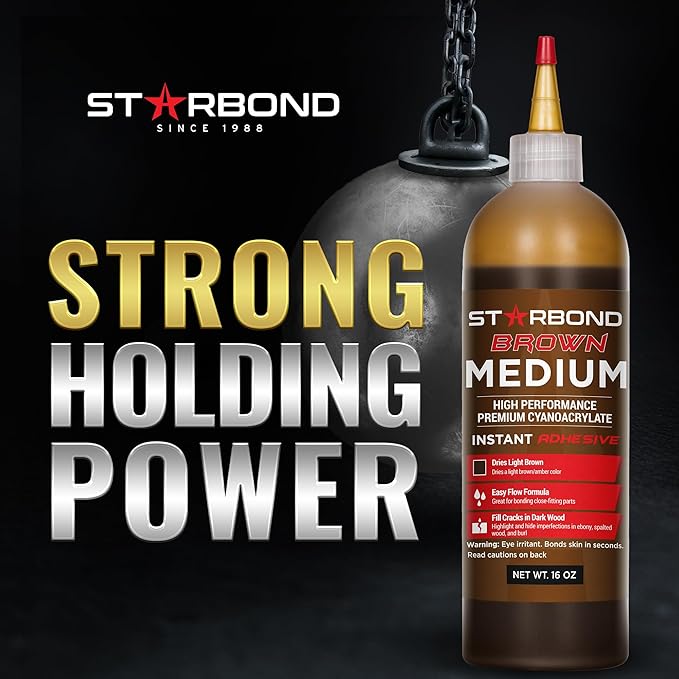 Premium Grade Cyanoacrylate (CA) Super Glue by STARBOND - 16 OZ Complete Refill KIT (453-gram) - Light Brown Medium Crack Filler 150 CPS Viscosity Adhesive for Woodworking, Woodturning, Carpentry