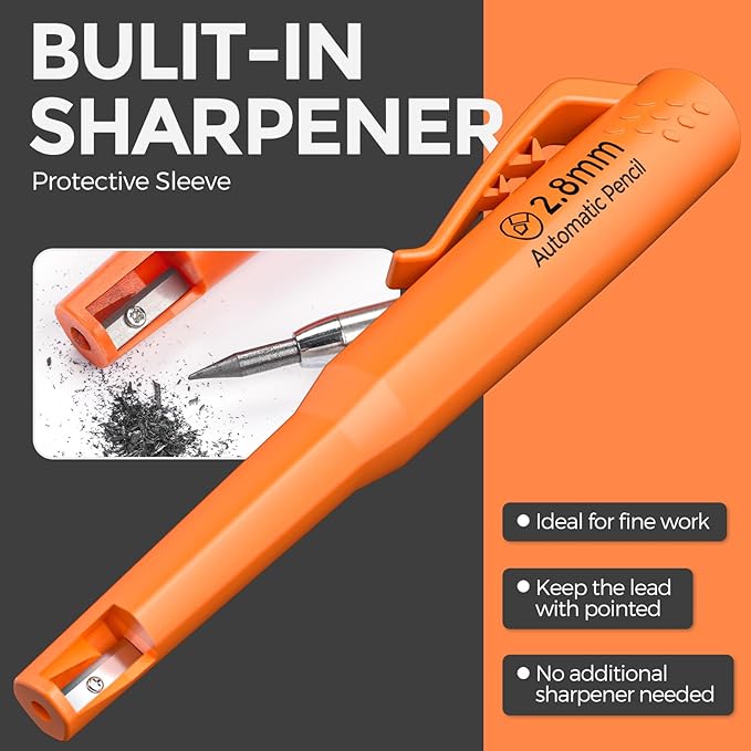 Nicpro CP3000 Carpenter Pencil with Sharpener, 2.8mm Mechanical Pencils with 19 Refill, Deep Hole Marker for Construction, Heavy Duty Woodworking Pencil, Carpenter Tools for Architect Marking (Orange)