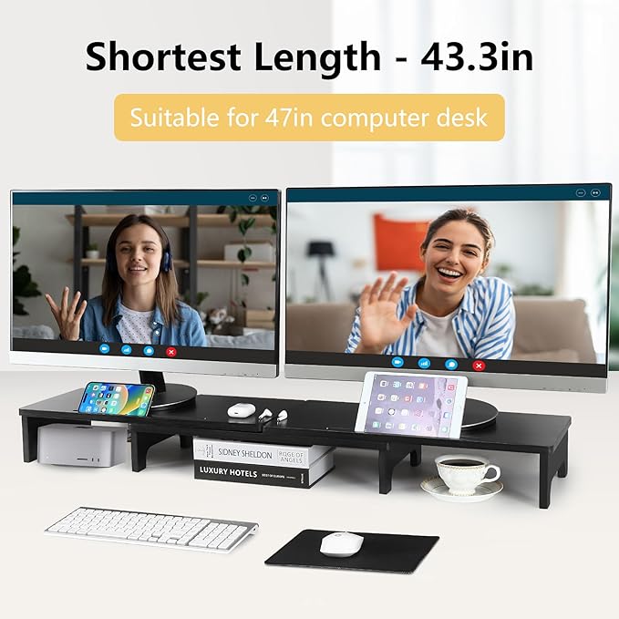 Nnewvante Monitor Stand Riser, Upgrade Height Large TV Riser, 60 inch Large Bamboo Dual Monitor Stand for Desk, 3 Shelves Desktop Screen Riser with Adjustable Length Angle for Computer Laptop Black