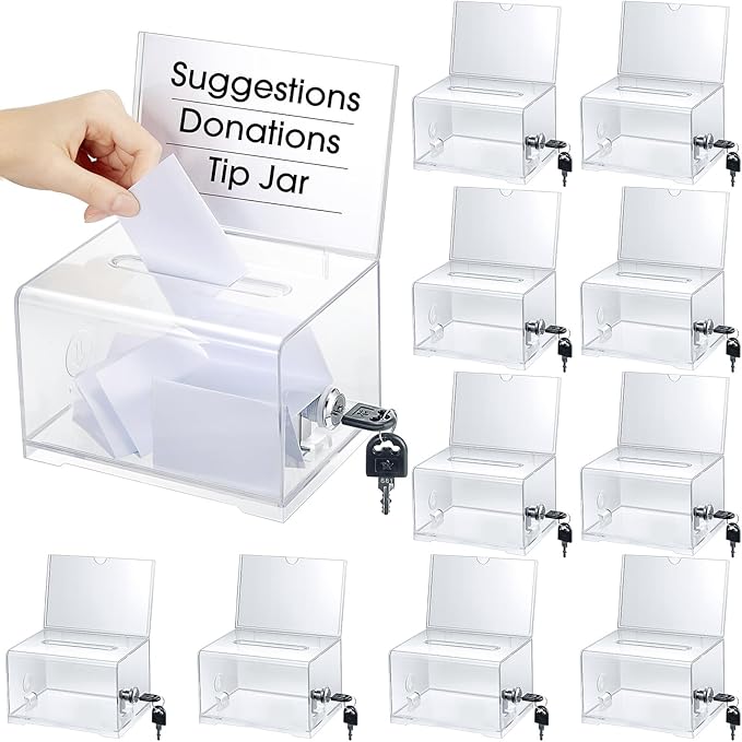 Chunful 10 Pcs Acrylic Donation Box with Lock and Sign Holder Clear Ballot Donation Boxes with Slot for Fundraising Suggestion Box Storage Container for Voting, Raffle Bowl, Tip Jar