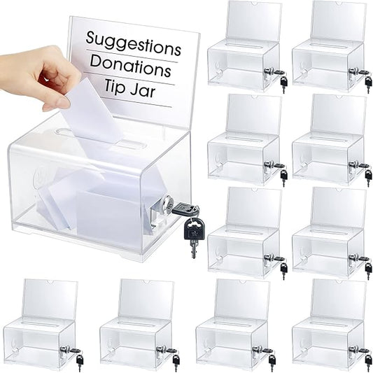 Chunful 10 Pcs Acrylic Donation Box with Lock and Sign Holder Clear Ballot Donation Boxes with Slot for Fundraising Suggestion Box Storage Container for Voting, Raffle Bowl, Tip Jar