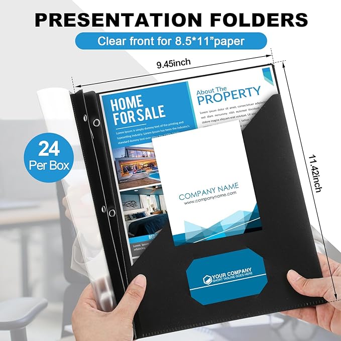 Teling 24 Pcs Clear Report Cover with 3 Prongs, Plastic Report Presentation Folders 90 Sheet Capacity Resume Document Covers for School Office(Black)