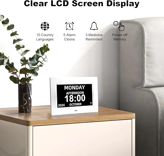 Digital Calendar Alarm Clock for Seniors, Electric Large Display with Date Day of Week Time Clock, 12 Custom Alarms, Auto-Dimming, Medication Reminder, Dementia-Friendly Design