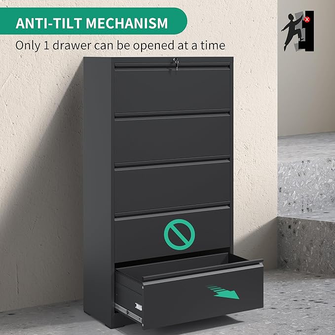 Lateral File Cabinets 5 Drawer with Lock,Metal Lateral Filing Cabinet for Home Office,Wide Steel Storage Cabinet Commercial Drawer for Legal/Letter/A4 Size Files Assembly Required