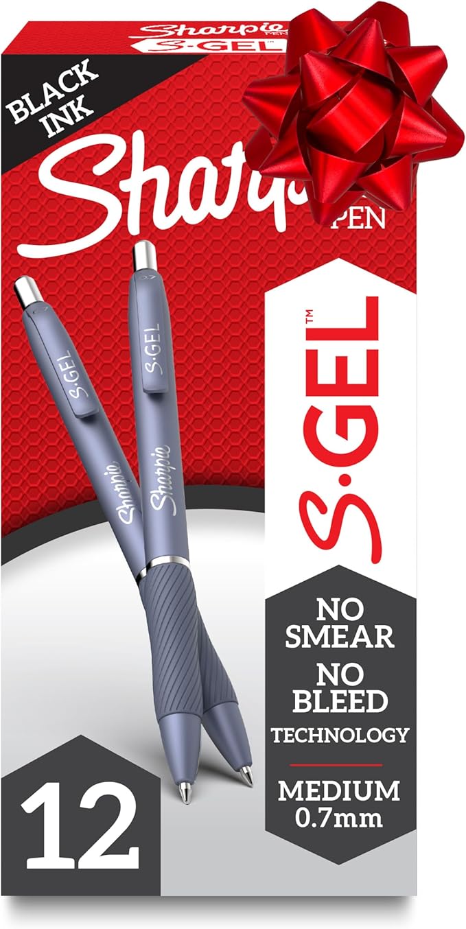 Sharpie S-Gel Gel Pens, Blue Barrel, Medium Point (0.7mm), Black Gel Ink Pens, 12 Count - Home, Office, School, Journaling, Writing, Note-Taking, Teacher Supplies
