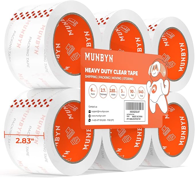 MUNBYN Tape, Heavy Duty Shipping Packing Clear Tape Refill for Dispenser with Total 540 Yards, 2.7mil, 2.83inch *90 Yard(Per Rolls) Great for Shipping Packing Moving Mailing Office Storage