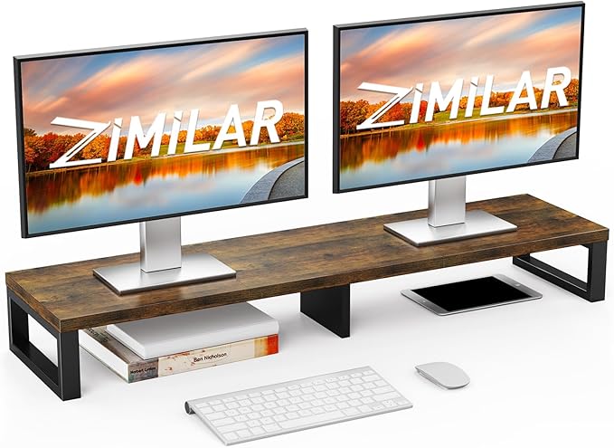Zimilar Dual Monitor Stand Riser, Large Monitor Stand for Desk, Wood Monitor Riser with Storage Organizer for Home Office, Monitor Stands for 2 Monitors, Desktop Wooden Monitor Riser for Computer