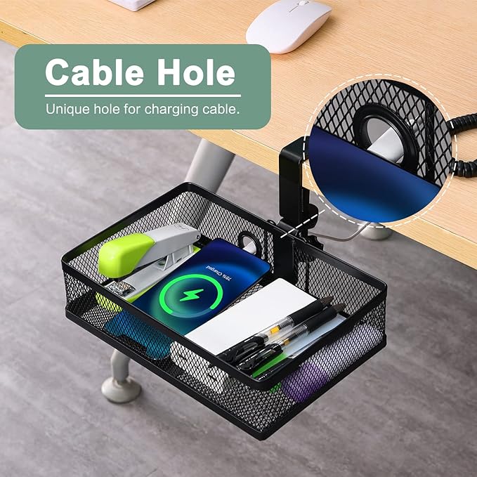 ROSLINE Under Desk Storage Organizer, Clamp on Drawer Basket, Hanging Storage, Mount Tray, Suitable for Multiple Scenes (Black)