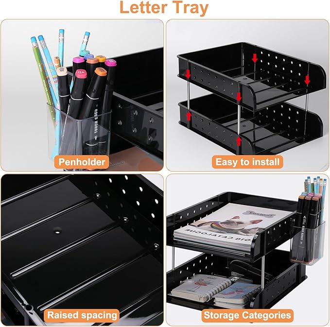 Stackable Letter Tray Papers Organizers, A4 Size Desk Organizer Tray for Letter Paper Stationery Desk Accessories, Plastic Black Paper Holder File Organizer for Office, School, Home (Dark Black)