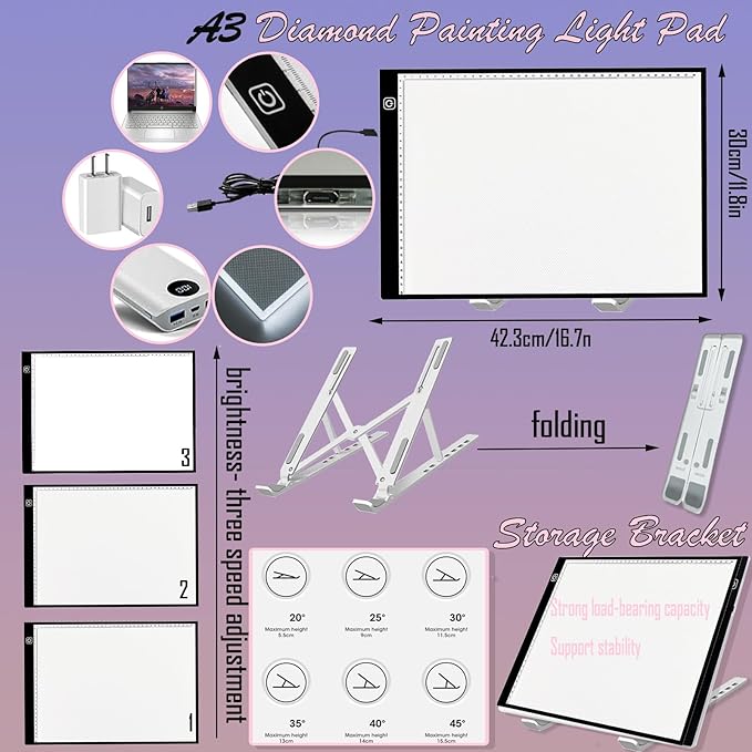 NLXCXUCY 244Pcs Diamond Art Accessories Kit All-Inclusive Diamond Painting Tool Set with A3 Diamond Painting Light Pad,Diamond Art Sealer Glue, Diamond Correction Pens, Storage Box for DIY Craft
