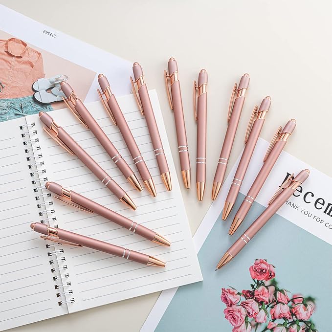 PASISIBICK 12 Pieces Rose Gold Ballpoint Pen with Stylus Tip, 2 in 1 Rose Gold Stylus Pens Stylish Pen, Metal Stylus Pen for Touch Screens, 1.0 mm Black Ink(Pack of 12)