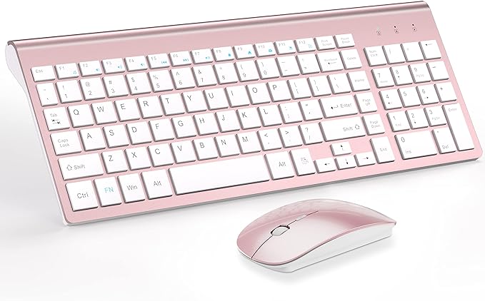 Wireless Keyboard and Mouse Ultra Slim Combo, TopMate 2.4G Silent Compact USB 2400DPI Mouse and Scissor Switch Keyboard Set with Cover, 2 AA & 2 AAA Batteries,for PC/Laptop/Windows/Mac-Rose Gold White