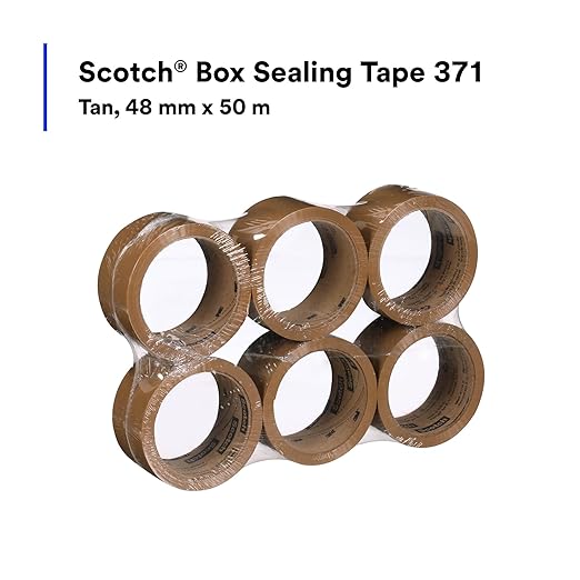 3M Scotch 371 Industrial-Grade Packing Tape, Tan, 48 mm x 50 m, High Performance Sealing Tape for Medium-Duty Commercial Box and Carton Sealing, Moving, Packaging and Shipping, 6 Pack