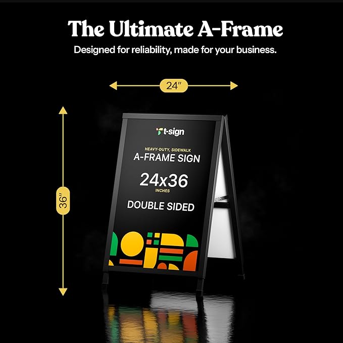 T-SIGN Outdoor A-Frame Sidewalk Sign 24x36 Inch Sandwich Board, Black Coated Steel Metal Double-Sided, Heavy Duty Slide-in Folding Frame Sign Holder, 2 Corrugated Plastic Poster Boards, Display Stand