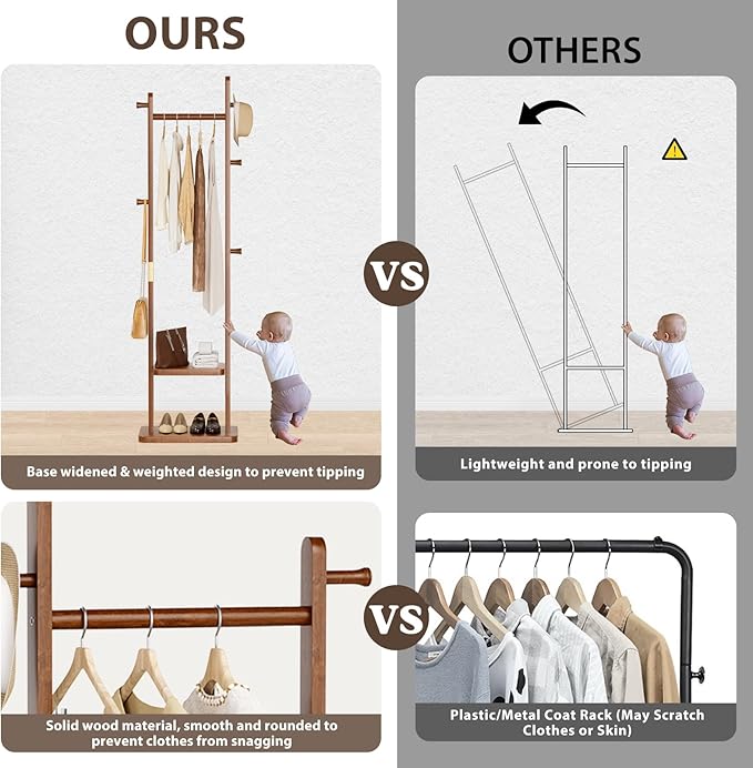 Solid Wood Coat Rack, Coat Rack Freestanding with 2 Shelves and 5 Hooks, Heavy Duty Coat Tree for Entryway，Living room，Coat Hanger Stand for Hats, Bags (Walnut Brown)