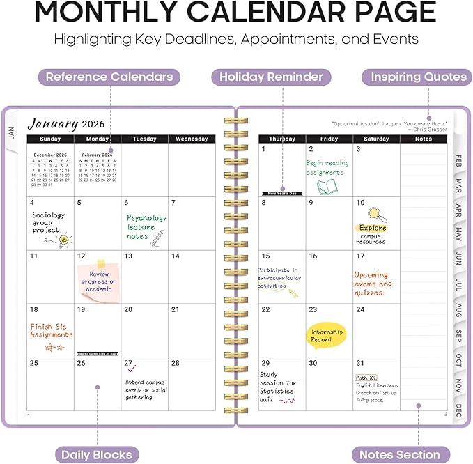 2026 Planner, Weekly and Monthly Calender Planner, Jan 2026 to Dec 2026, Hardcover 2026 Calendar Planner Book with Tabs & Inner Pocket, Office Home School Supplies for Women & Men - A4 (8.5" x 11"), Purple