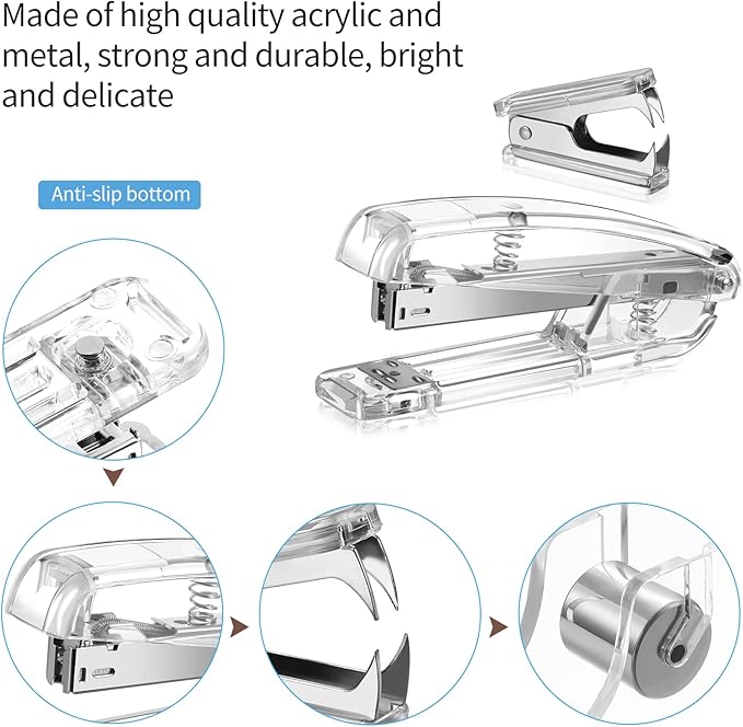Office Supplies Set Desk Accessory Kit, Acrylic Stapler Set Staple Remover, Tape Dispenser, Binder Clips, Paper Clips, Ballpoint Pen and Scissor with 1000 Pieces 26/6 Staples (Silver)