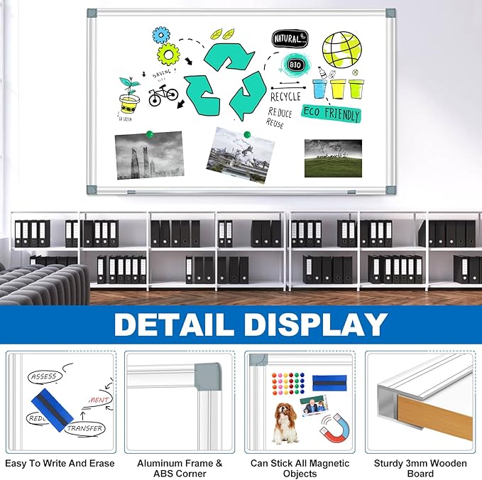 White Board Dry Erase Whiteboard for Wall 72" x 48" Aluminum Presentation Magnetic Whiteboards with 4 Hooks, 12 Magnets, 3 Markers & 1 Eraser