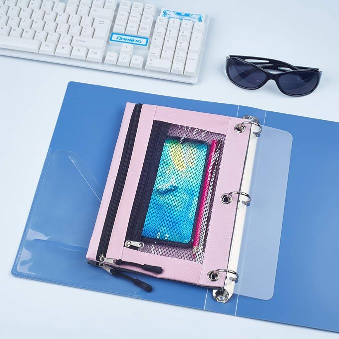 3 Ring Binder Pencil Pouchs, Zippered Pencil Pouch Double Pocket Pencil Pouch 3 Ring with Clear Window