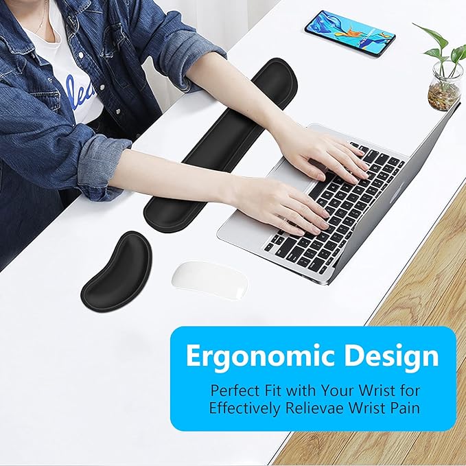 Dapesuom Keyboard Wrist Rest Set, Cute PU Leather Wrist Cushion for Computer Keyboard and Mousepad, Memory Foam Mouse Pad Rests Support with Non-Slip Base for Typing Pain Relief, Laptop, Black