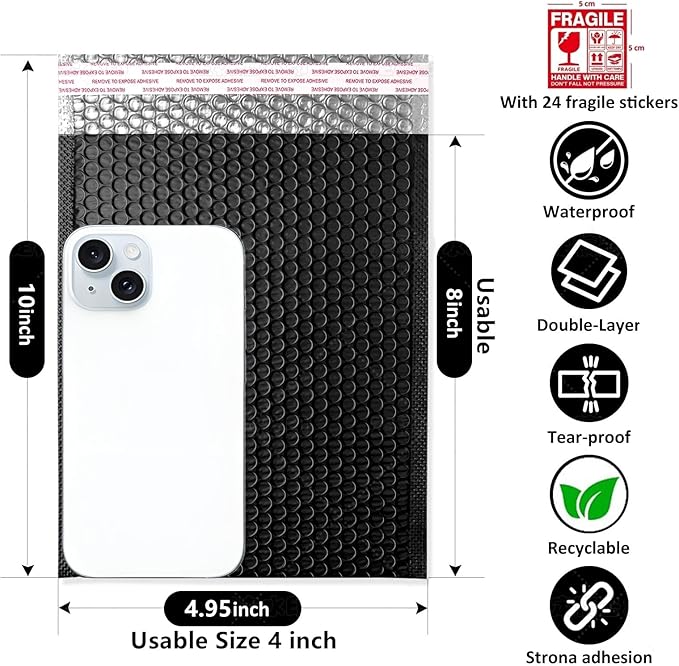 Bubble Mailers 4x10" 100 Pack and 24PCS Fragile Stickers Black Thick Waterproof Padded Poly Envelopes Small Bubble Wrap Mailers Self Seal Shipping Bag for Mailing Jewelry Makeup Small Business#0