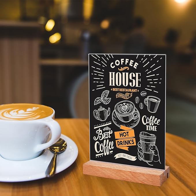 6 Pcs Acrylic Sign Holder 5 x 7 Inch, L Shape Clear Flyer Holder with Wood Base, Clear Stand Menu Table Display Holders Name Card for Office, Restaurant