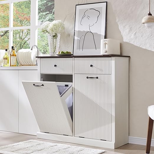 Modern Double Tilt-Out Trash Cabinet, 20 Gallon Fluted Laundry Hamper Cabinet w/2 Drawers, Wooden Hidden Garbage Can Cabinets with Storage Basket,Free Standing for Kitchen & Living Room, White
