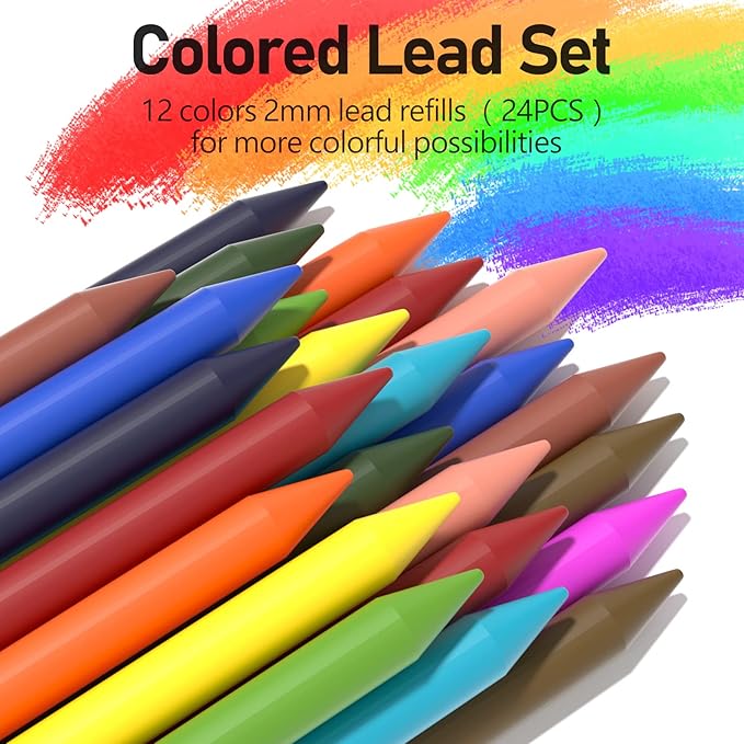 Four Candies 3PCS 2MM Mechanical Pencils with case, Artist Led Pencil Metal Lead Holder with 120 Graphite Lead Refills(HB 2H 2B 4B Color), 4 Erasers, Sharpener, Drafting Pencil for Drawing, Sketching